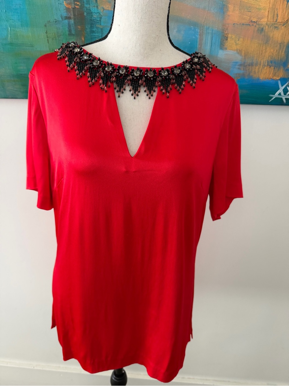St. John Caviar Collection Vibrant Red Short Sleeve Blouse Embellished Beads 8